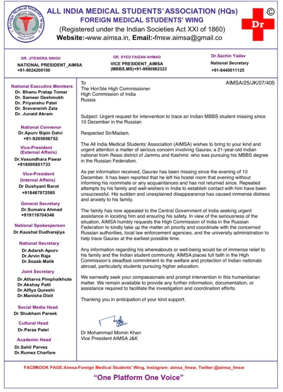 AIMSA Seeks Urgent Intervention from Indian High Commission in Russia Over Missing MBBS Student