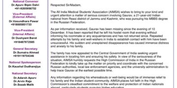 AIMSA Seeks Urgent Intervention from Indian High Commission in Russia Over Missing MBBS Student