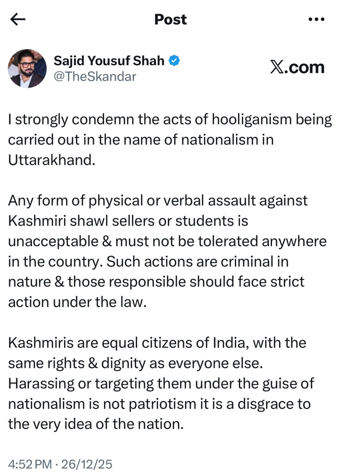 BJP Co-Media Incharge J&K Sajid Yousuf Shah Condemns Attacks on Kashmiris in Uttarakhand