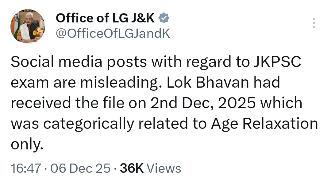 Social Media Claims on JKPSC Exam Misleading, Says LG’s Office